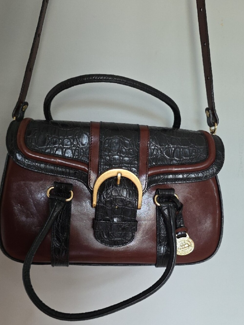 Vintage Brahmin Black Croc-Trim and Brown Leather Satchel - Picture 11 of 14